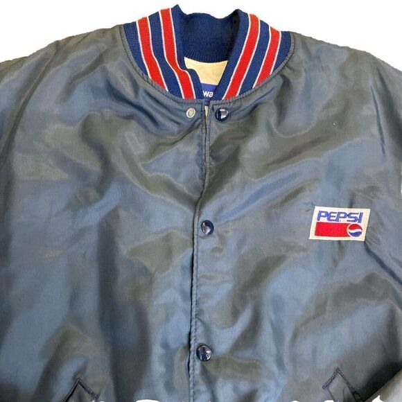 Vtg Pepsi 80s Holloway Employee Men's Bomber Jacket Striped Cuff Collar XXL Blue - Picture 2 of 10